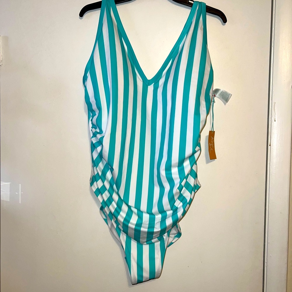 Kona Sol Women's 22W V-Neck Over the Shouder High Leg Turquoise Swimsuit